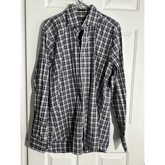 Peter Millar Button Up Shirt Mens Size Large Purple Gray Plaid Cotton - Picture 1 of 3